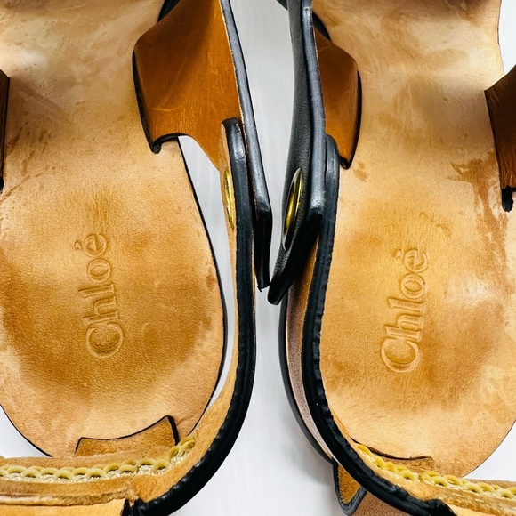Chloe Black and Tan Wedge Slingback Sandals with Leather Cross-Strap Est SZ 10 - Picture 6 of 15